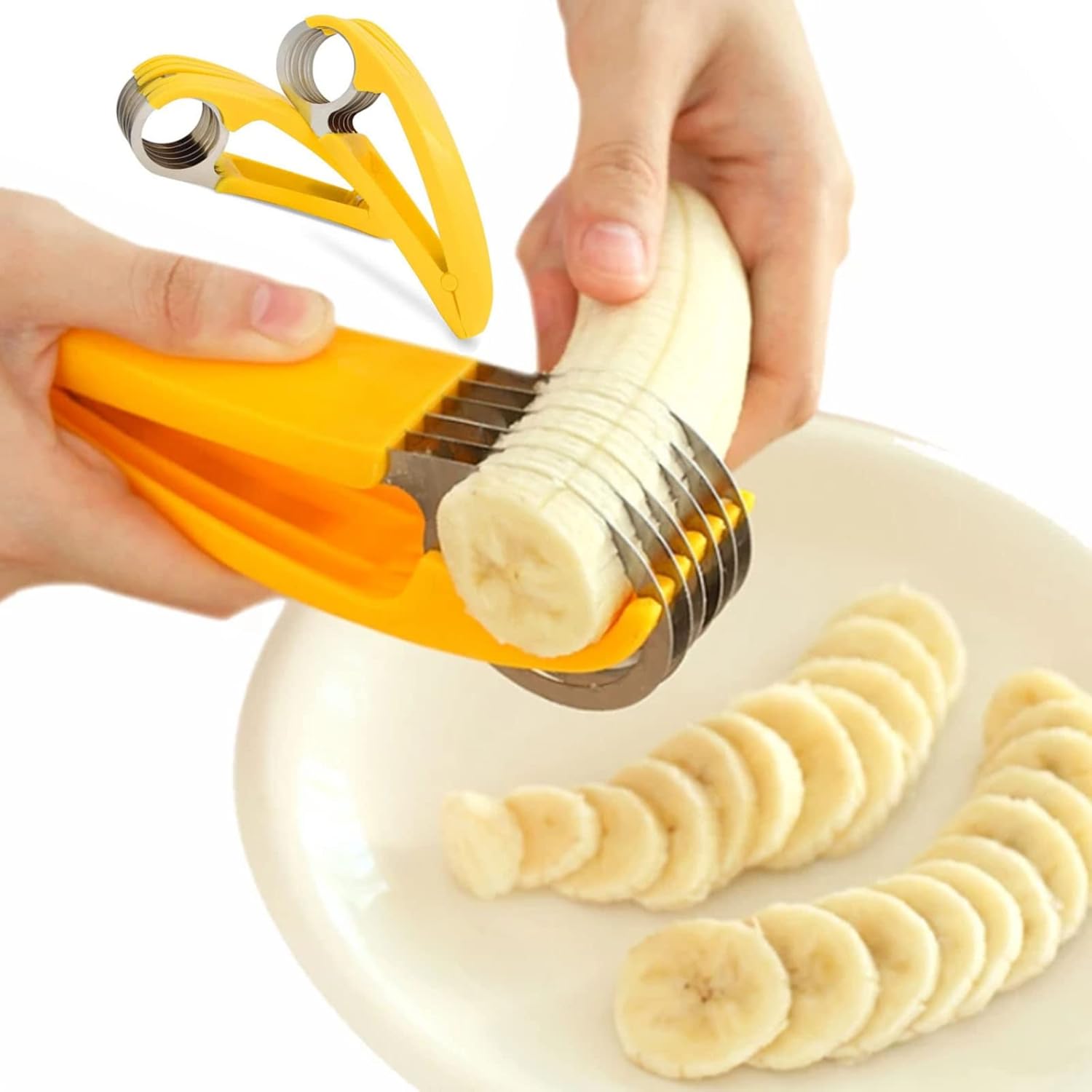 Cortador de Plátano, 2 Piezas Banana Slicer, Rebanador de Platanos de Acero Inoxidable para Plátanos, Pepinos, Salchichas, Kiwi y Ensalada de Verduras, Accesorios de Cocina(17,5 * 5 * 3,8cm)